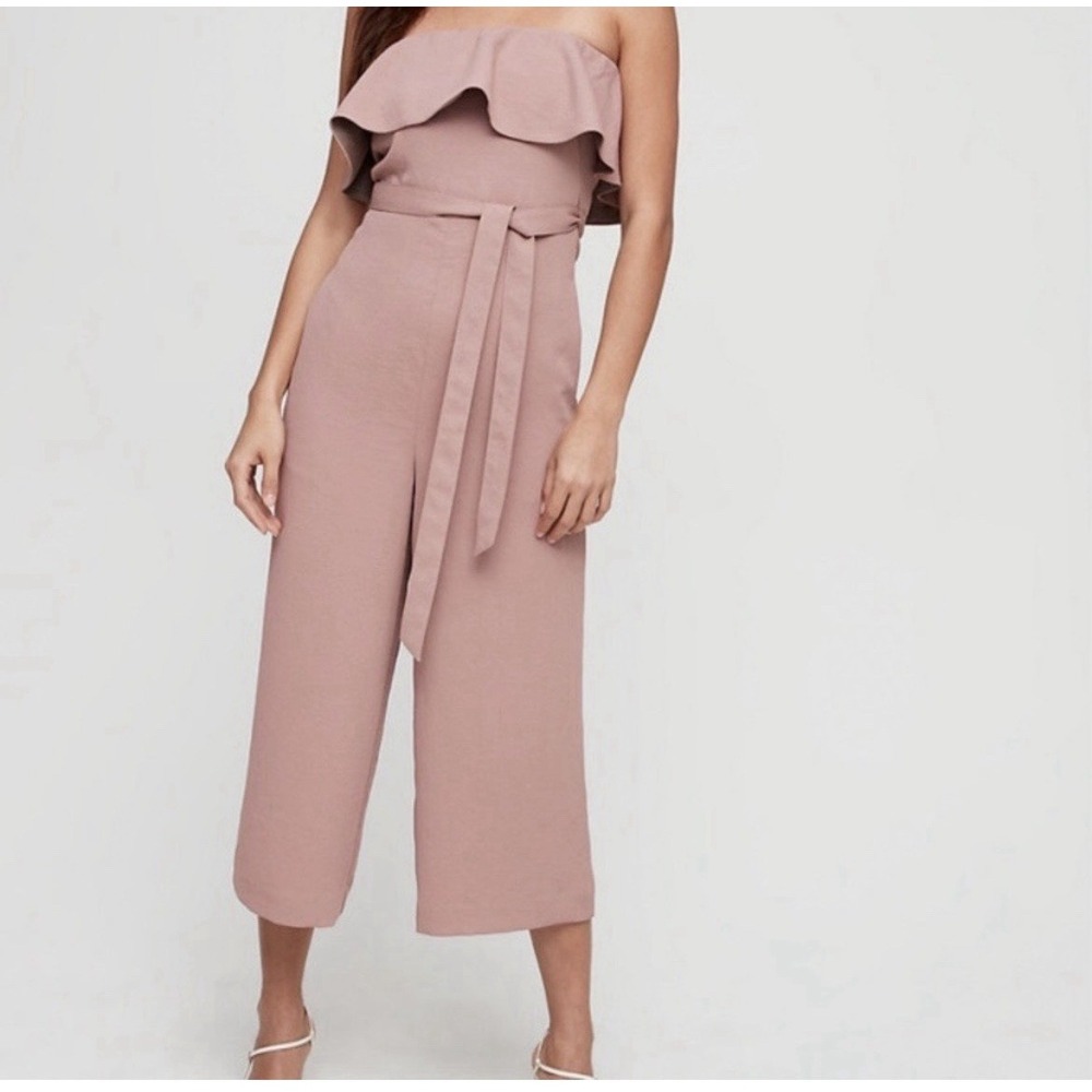 Babaton Strapless Ruffle Jumpsuit Sz 00 Mauve Wideleg No Belt